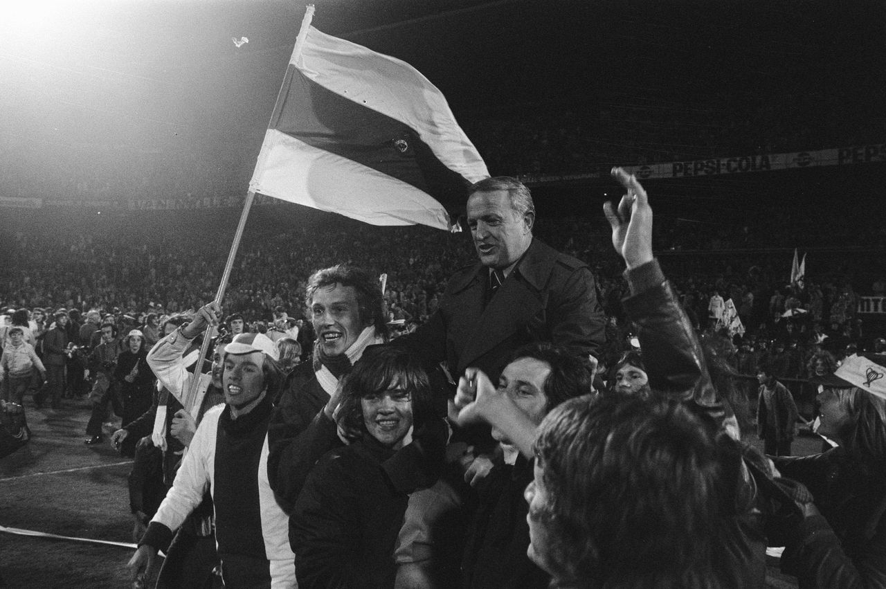 Ajax manager Stefan Kovacs is carried on the shoulders of fans following their side's victory over Inter Milan in the 1972 European Cup final at De Kuip in Rotterdam, the Netherlands