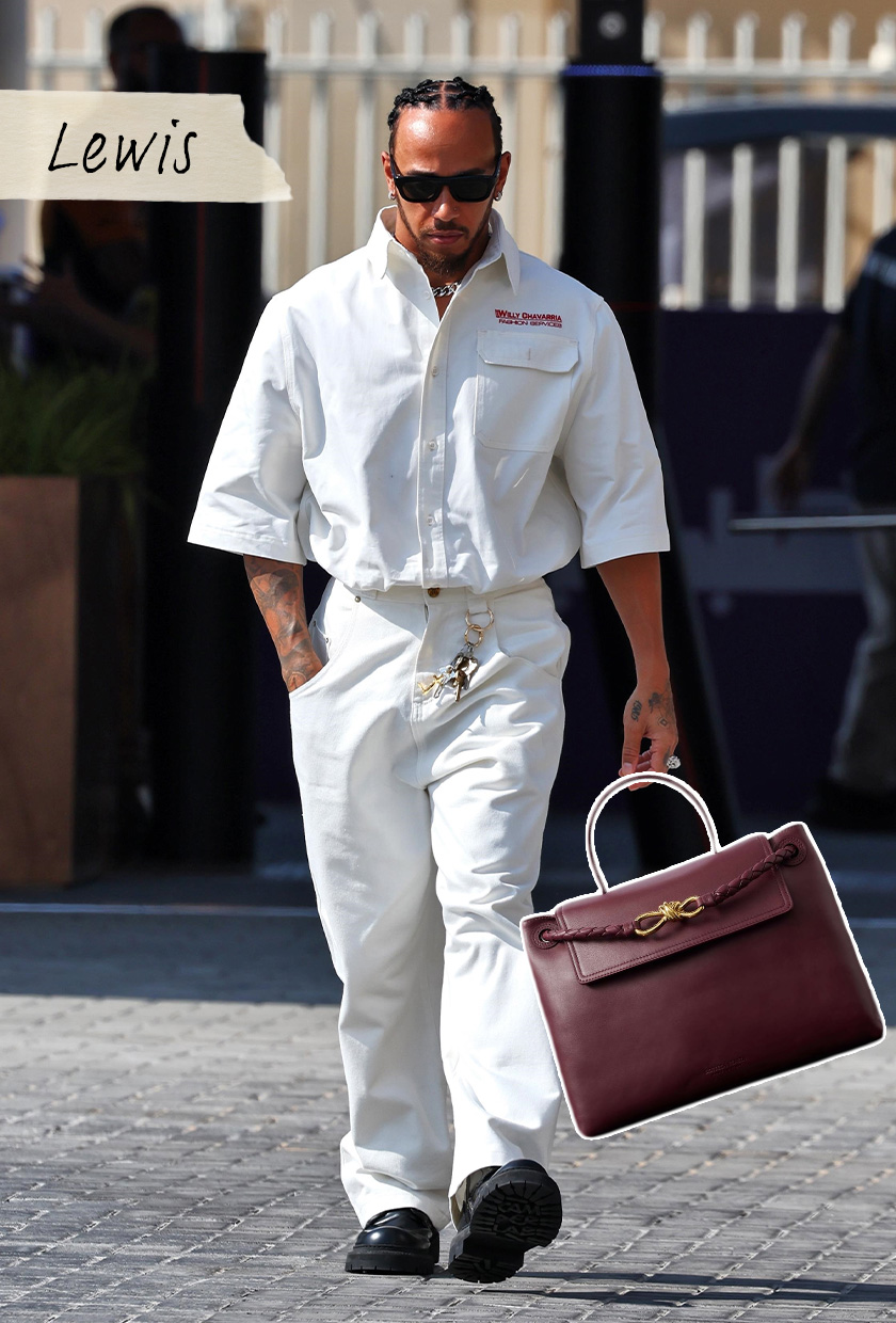 Collage of Lewis Hamilton and Bottega Veneta Ciao Ciao bag.