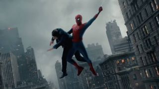 A screenshot from a Spider-Man: Brand New Day trailer clip featuring Spider-Man web-swinging while holding a man