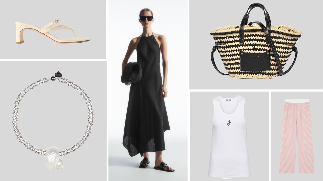 Product collage of By Malenie Birger Helsy Pants, Isabel Marant Cadix Mini Straw Top Handle, Cos Asymmetric Halterneck Dress, Julietta Spetses Shell Necklace, JW Anderson Logo Embroidered Cotton Tank Top, AEYDE Giselle Patent-Leather Sandals