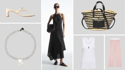 Product collage of By Malenie Birger Helsy Pants, Isabel Marant Cadix Mini Straw Top Handle, JW Anderson Logo Embroidered Cotton Tank Top, AEYDE Giselle Patent-Leather Sandals