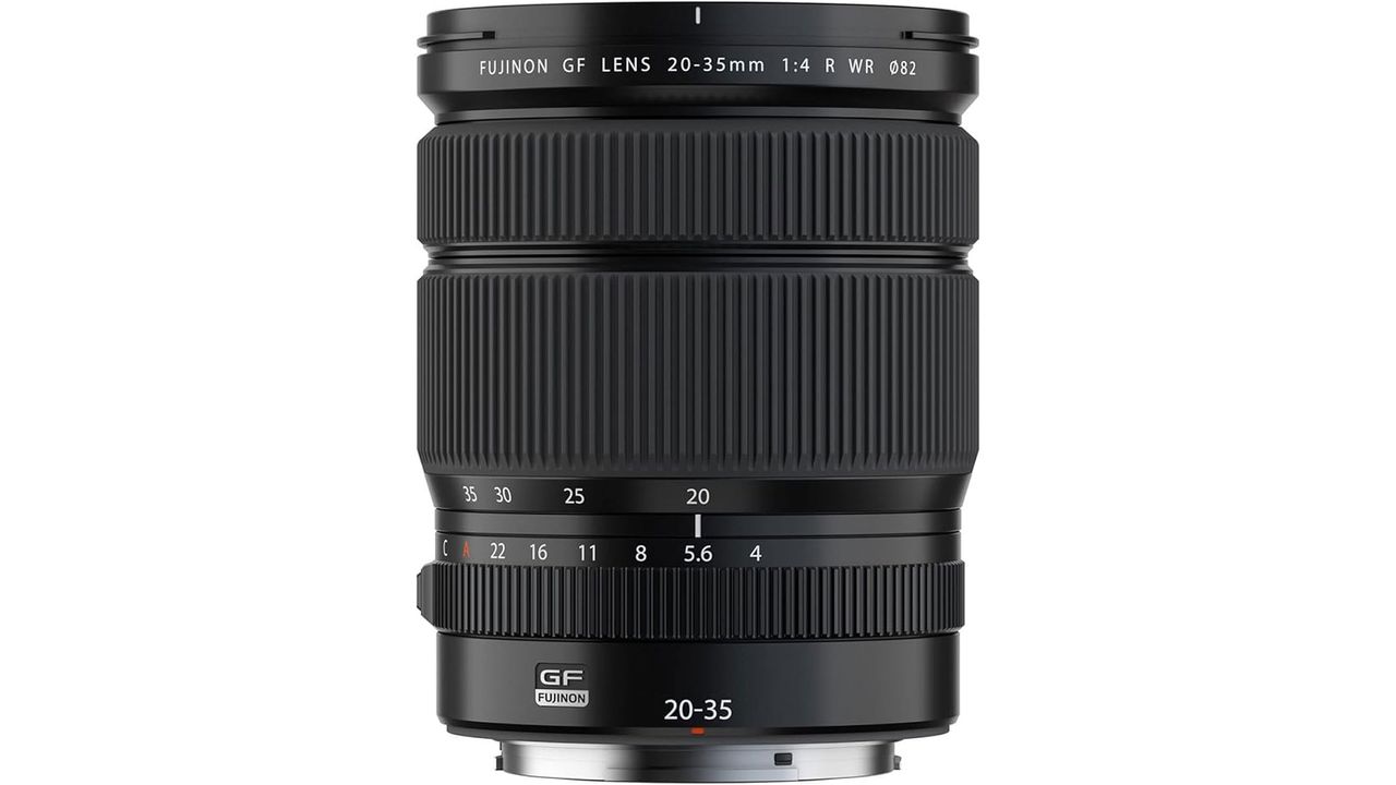 A Fujifilm GF 20-35mm f/4 R WR lens standing upright