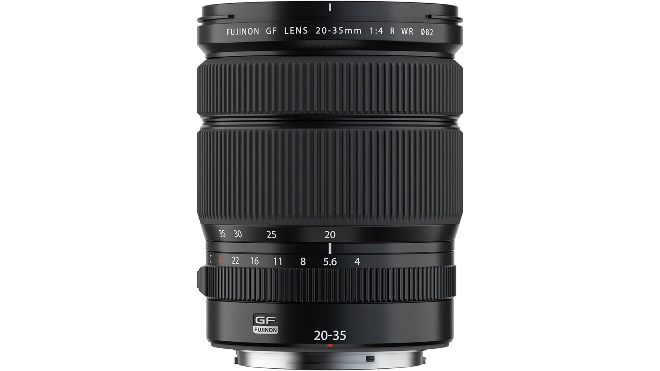 A Fujifilm GF 20-35mm f/4 R WR lens standing upright