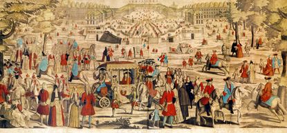 Fig 1: An 18th-century engraving shows the concourse of visitors drawn to Versailles to observe it and the French royal family. Credit: Bridgeman