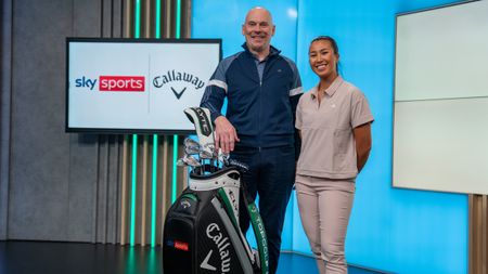 Rob Lee and Inci Mehmet pose with a Callaway Golf bag in the Sky Sports studio