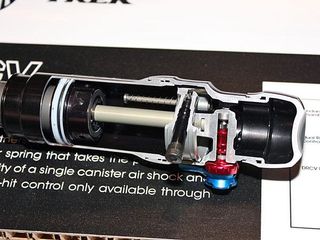 Several Trek and Gary Fisher full-suspension bikes feature Fox Racing Shox's new Dual Rate Control Valve technology. At roughly 50 percent into the stroke, the main air piston contacts the DRCV shaft and opens up the secondary chamber, thus increasing the total air chamber volume and producing a more linear and coil-like feel.