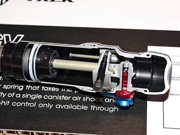 Several Trek and Gary Fisher full-suspension bikes feature Fox Racing Shox's new Dual Rate Control Valve technology. At roughly 50 percent into the stroke, the main air piston contacts the DRCV shaft and opens up the secondary chamber, thus increasing the total air chamber volume and producing a more linear and coil-like feel.