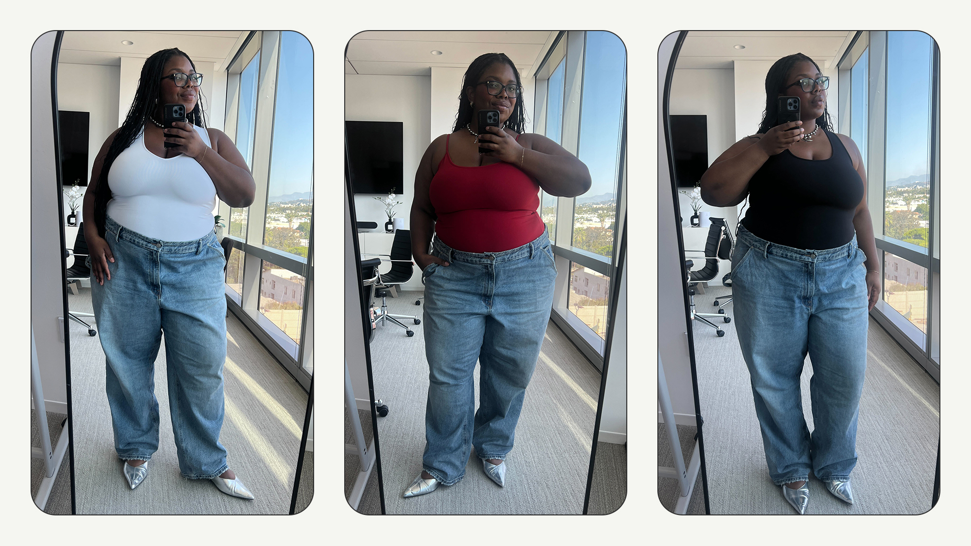 Chichi wears different Tank Air Tank tops in red, white, and black with jeans