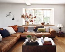 Scandinavian living room with wood floor, leather sofa and white painted walls