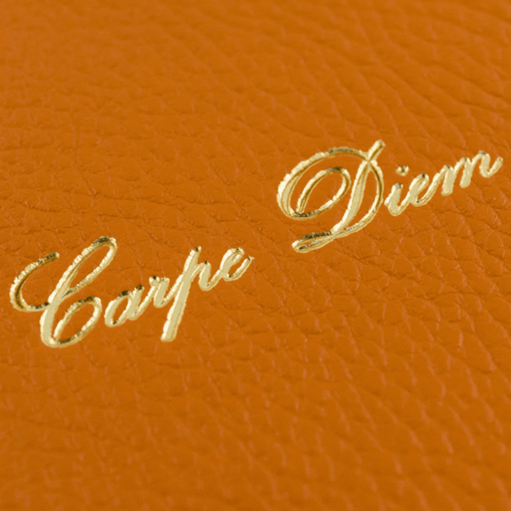 One Giannini Carpe Diem Journal in orange leather and gold leaf inscription shown against a pale green background in a rotating gif focusing on its open layout and textured cover.