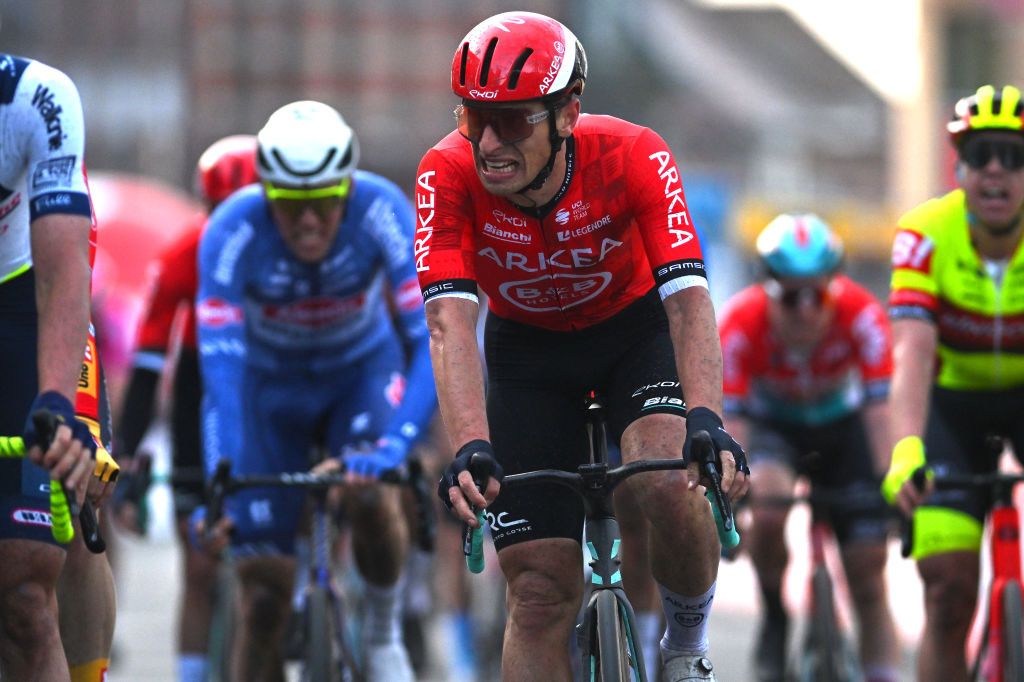 DOUR BELGIUM FEBRUARY 27 Jenthe Biermans of Belgium and Team Arkea BB Hotels crosses the finish line during the 56th Le Samyn 2024 a 2043km one day race from Quaregnon to Dour on February 27 2024 in Dour Belgium Photo by Luc ClaessenGetty Images