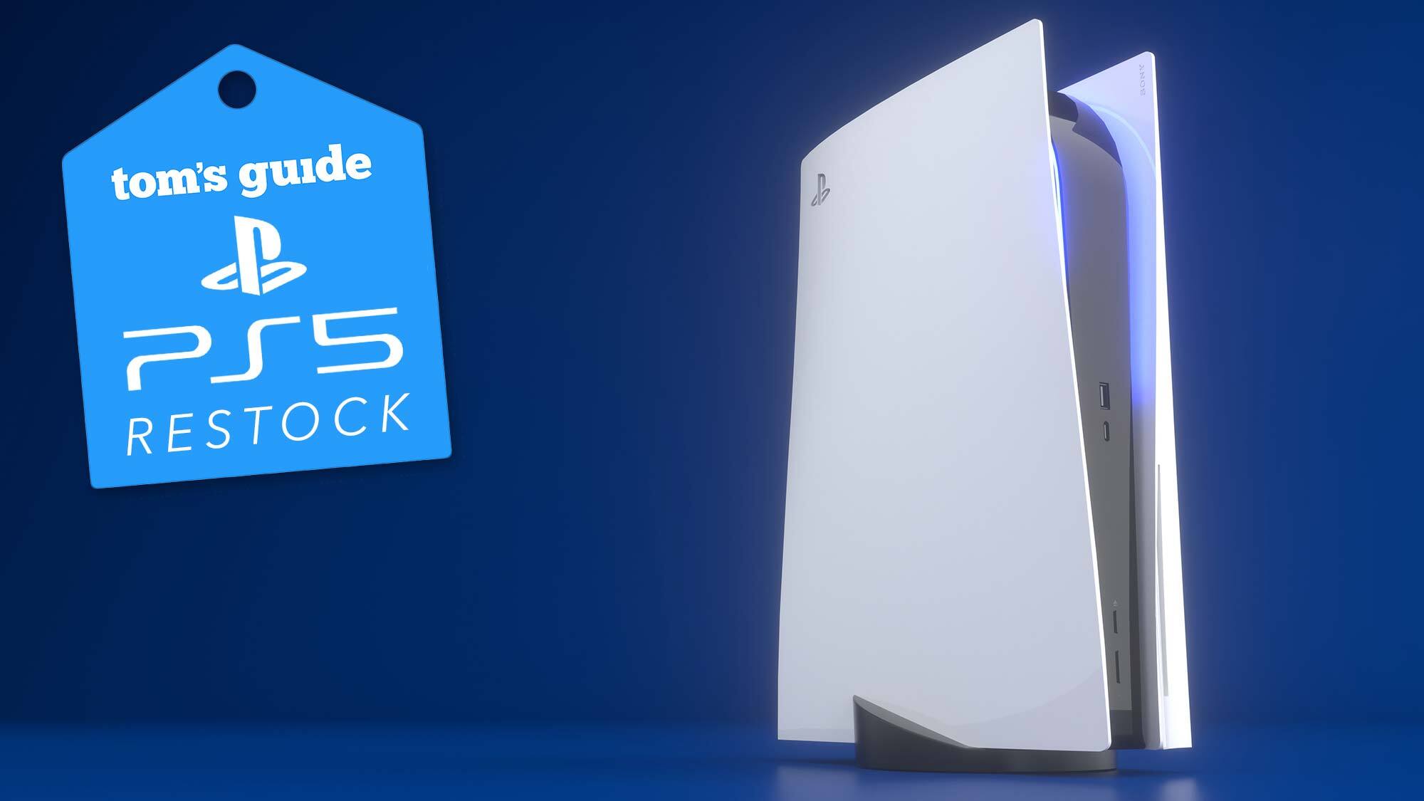 PS5 restock logo on a blue background, next to a PS5 console