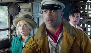 Emily Blunt, Dwayne Johnson, and Jack Whitehall all look concerned in Jungle Cruise.