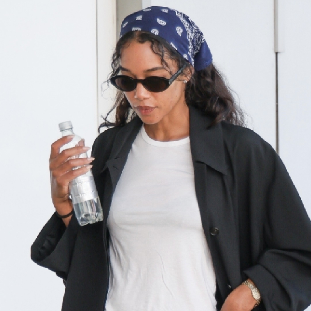 Laura Harrier channeled Zoë Kravitz in Adidas Sambas sneakers and a bandana