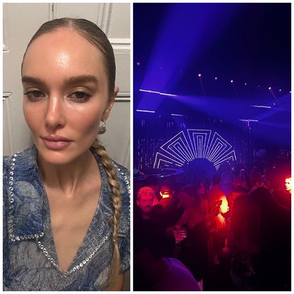  Hannah Baxter with a blue sparkle shirt on and a blue- and red-toned party