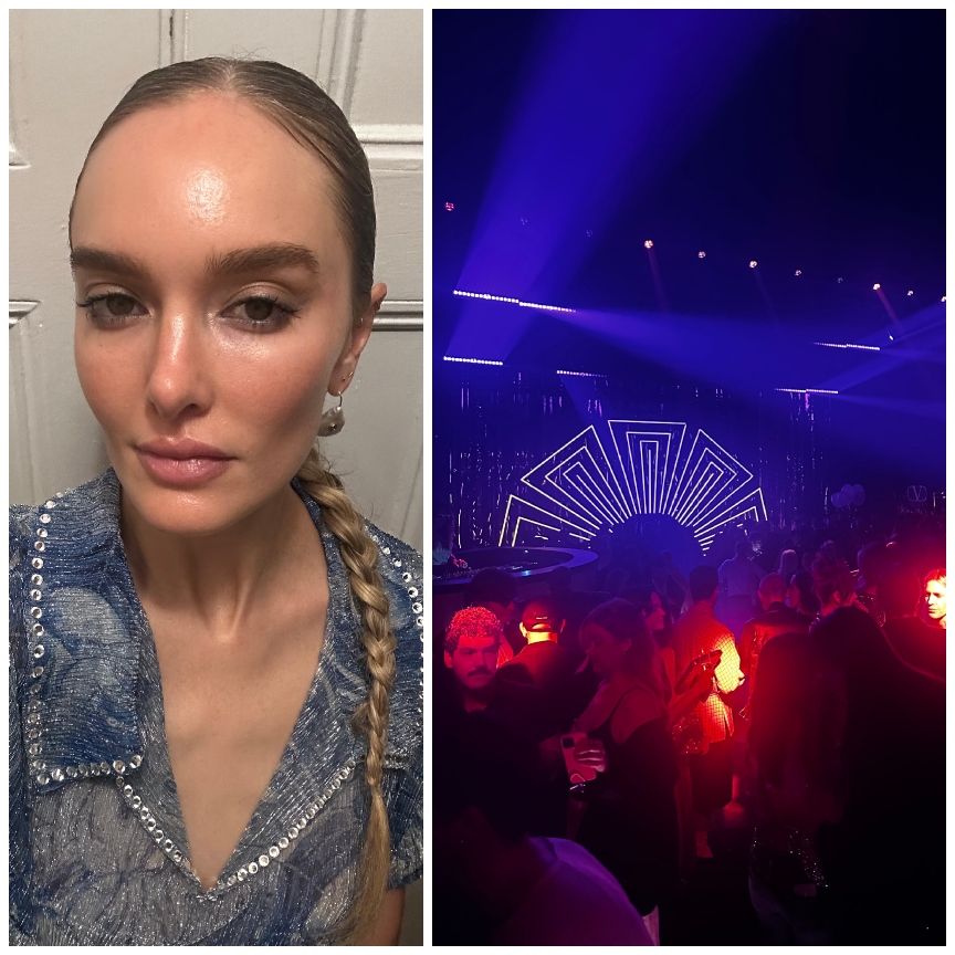  Hannah Baxter with a blue sparkle shirt on and a blue- and red-toned party