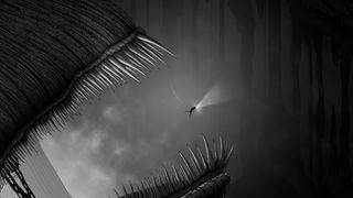 Mustavalkoisessa kuvassa pieni sukeltaja pakenee hirviön suusta Silt-pelissä
