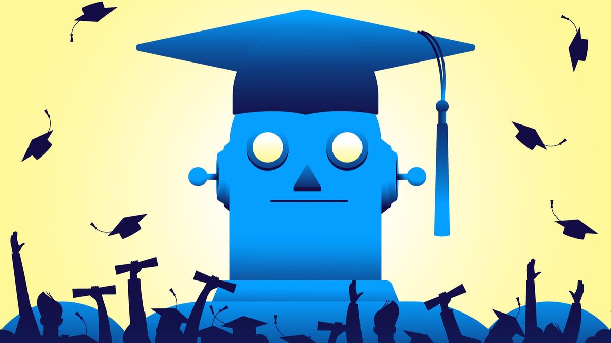 An illustration of a robot wearing a graduation cap in front of a crowd of students