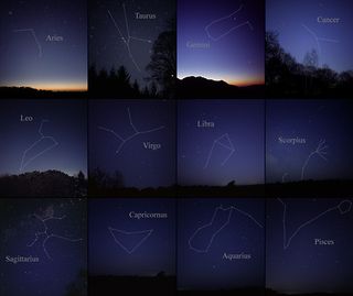 A visual mosaic of the 12 classic constellations in the western zodiac, photographed in the night sky, marked and outlined.