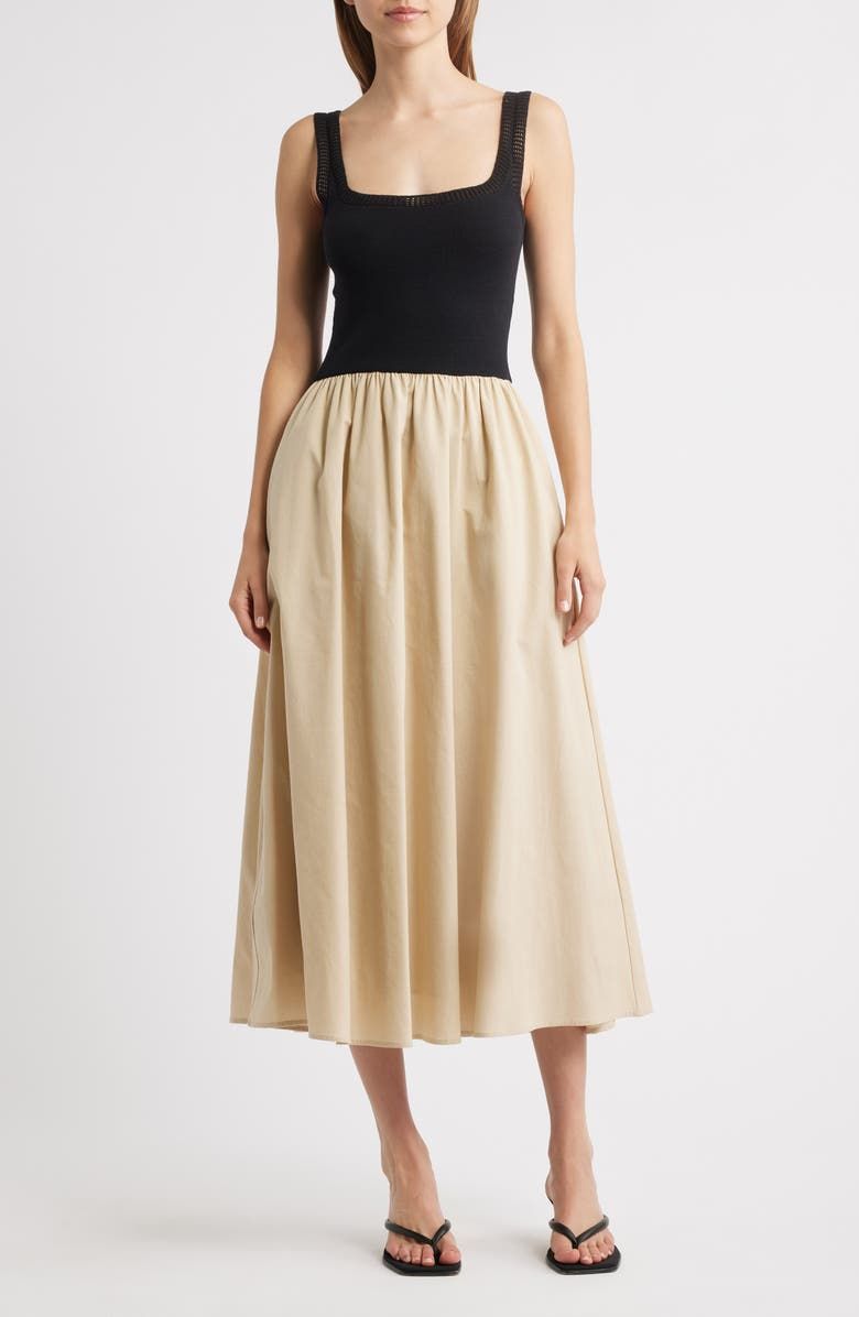 Square Neck Mixed Media Midi Dress