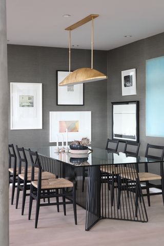 grey wallpaper in dining room