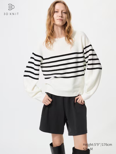 3d Knit Seamless Cotton Crew Neck Volume Sleeve Jumper (striped)