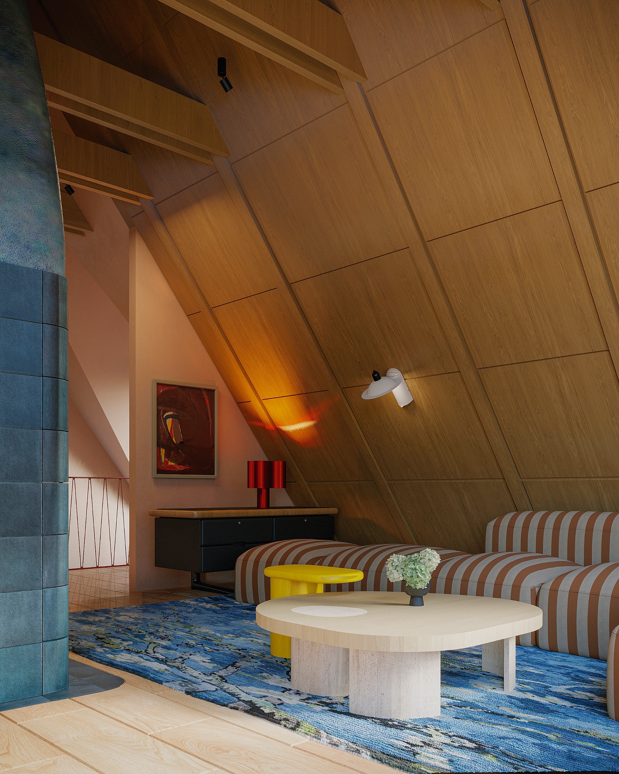 Den area with sloped panelled ceiling, blue and red striped corner sofa, white stone coffee table, blue rug and blue tiled fireplace
