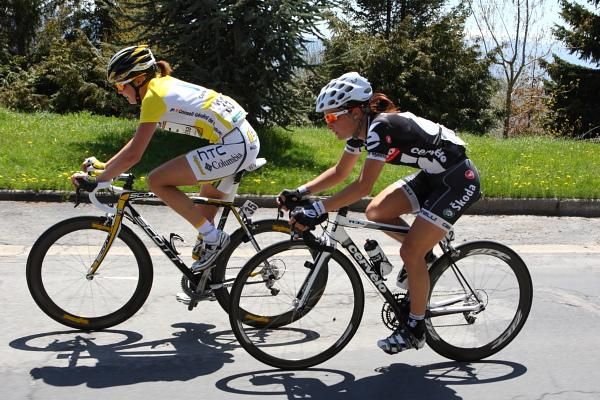 Race leader Adrie Visser (HTC - Columbia Women) with the previous race leader Elizabeth Armitstead (Cervelo Test Team).