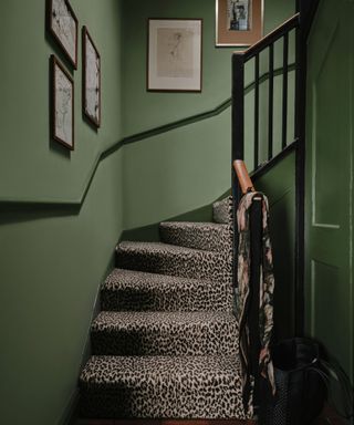 Leopard print stairway carpet paired with deep green wall paint