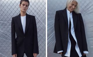 Two images, Left Model wears Tailored dark suit with white T-shirt, Right- Model wears tailored dark suit with white shirt