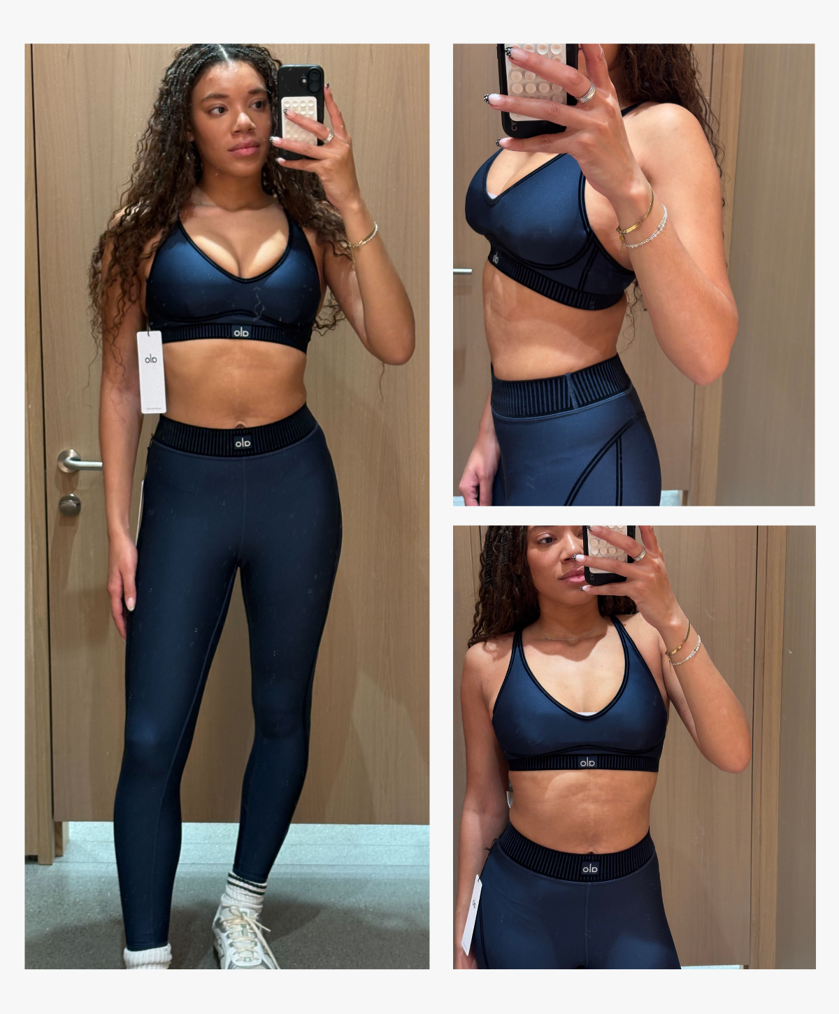 Fashion editor Imani-Nia Francis-Tsolakis does the Alo Yoga fitness try-on. She wears the Airlift Line Up Set in navy blue. This image was taken in store recently.