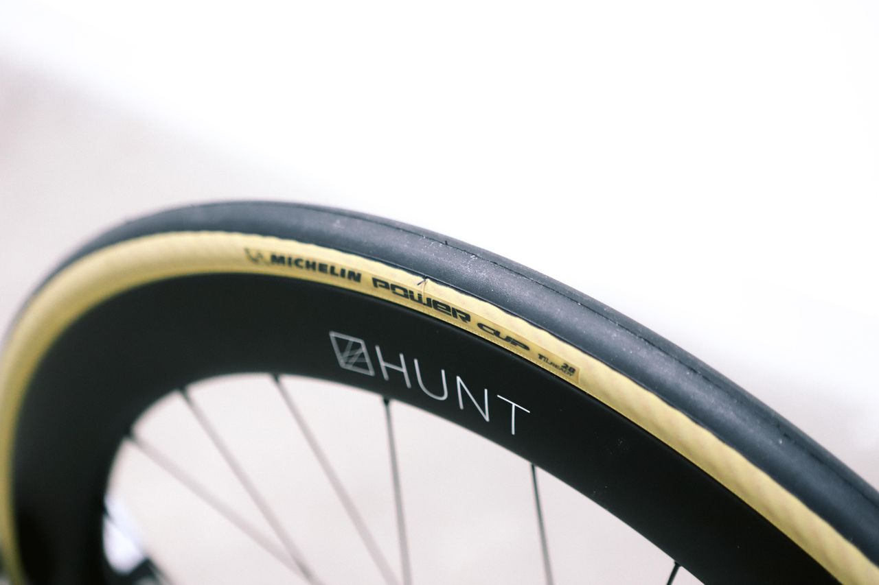 A tan bicycle tyre on a white background