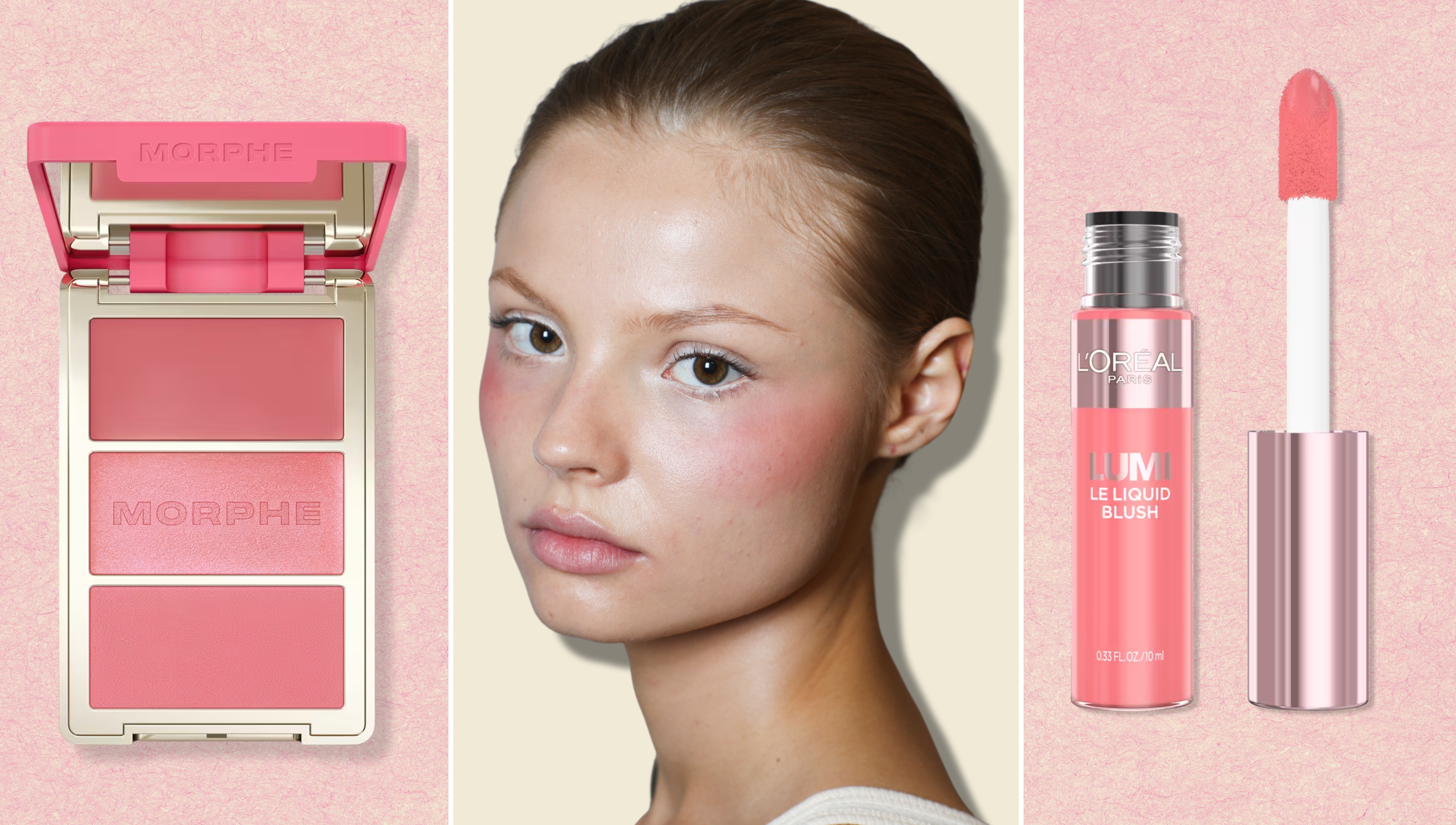 model wearing drugstore blush on a makeup texture background next to morphe trio blush palette and l'oreal lumi liquid blush