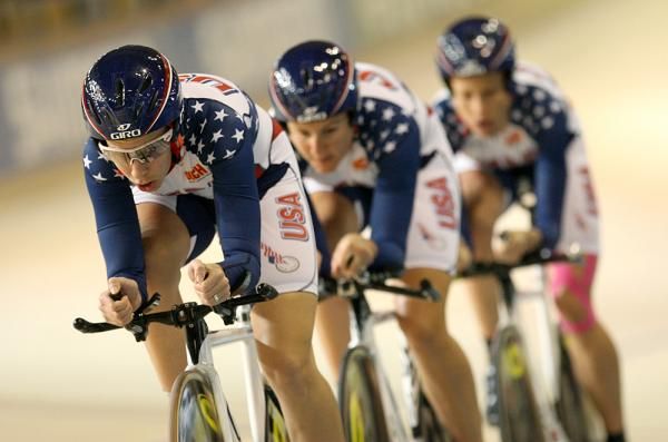 The USA team in action in the qualifying round of the women's 3,000m team pursuit