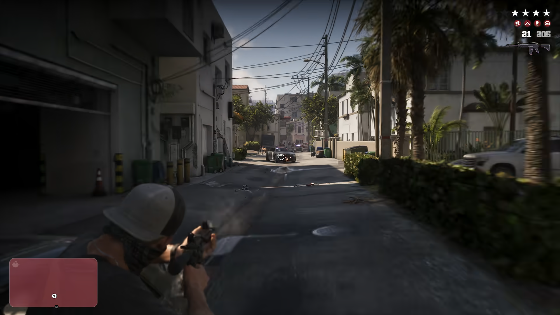 GTA 6 screenshot showing Jason shooting a police car from a distance