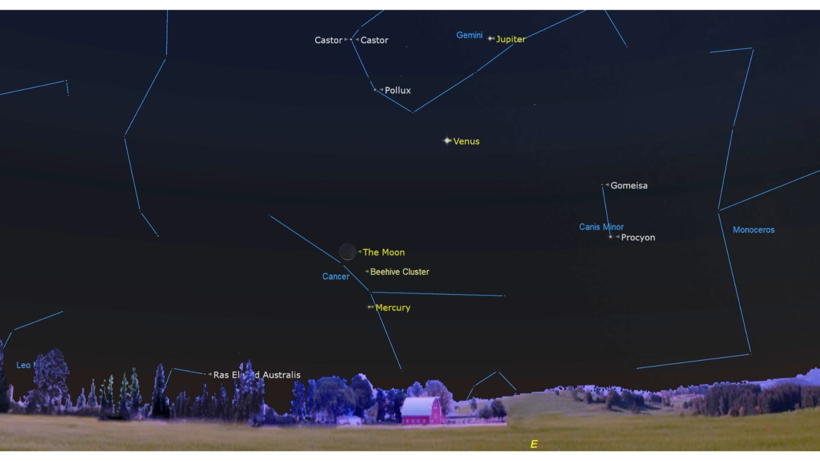 A star map of the night sky showing the moon in the lower center of the image with the Beehive cluster shining to the lower right and Mercury shining below. Venus is visible towards the upper right of the moon, shining in the upper center right portion of the map.