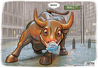 Editorial Cartoon U.S. Wall Street Bull coronavirus markets face masks