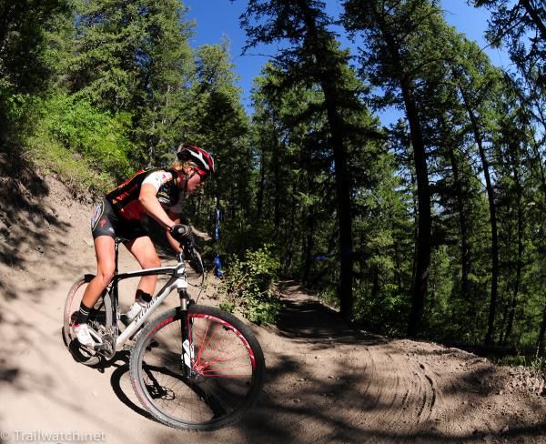 Lauren Catlin (Rocky Mountain Chocolate) riding the downhill switchbacks in the U23 race