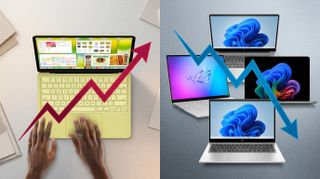 A split image shows a bright yellow MacBook Neo with hands typing and an upward red arrow on the left. On the right, multiple Windows laptops display different screens with a downward blue arrow.