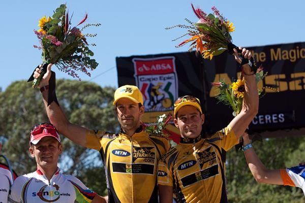 Race leaders Alban Lakata and Kevin Evan of MTN Qhubeka Topeak Ergon on the podium.