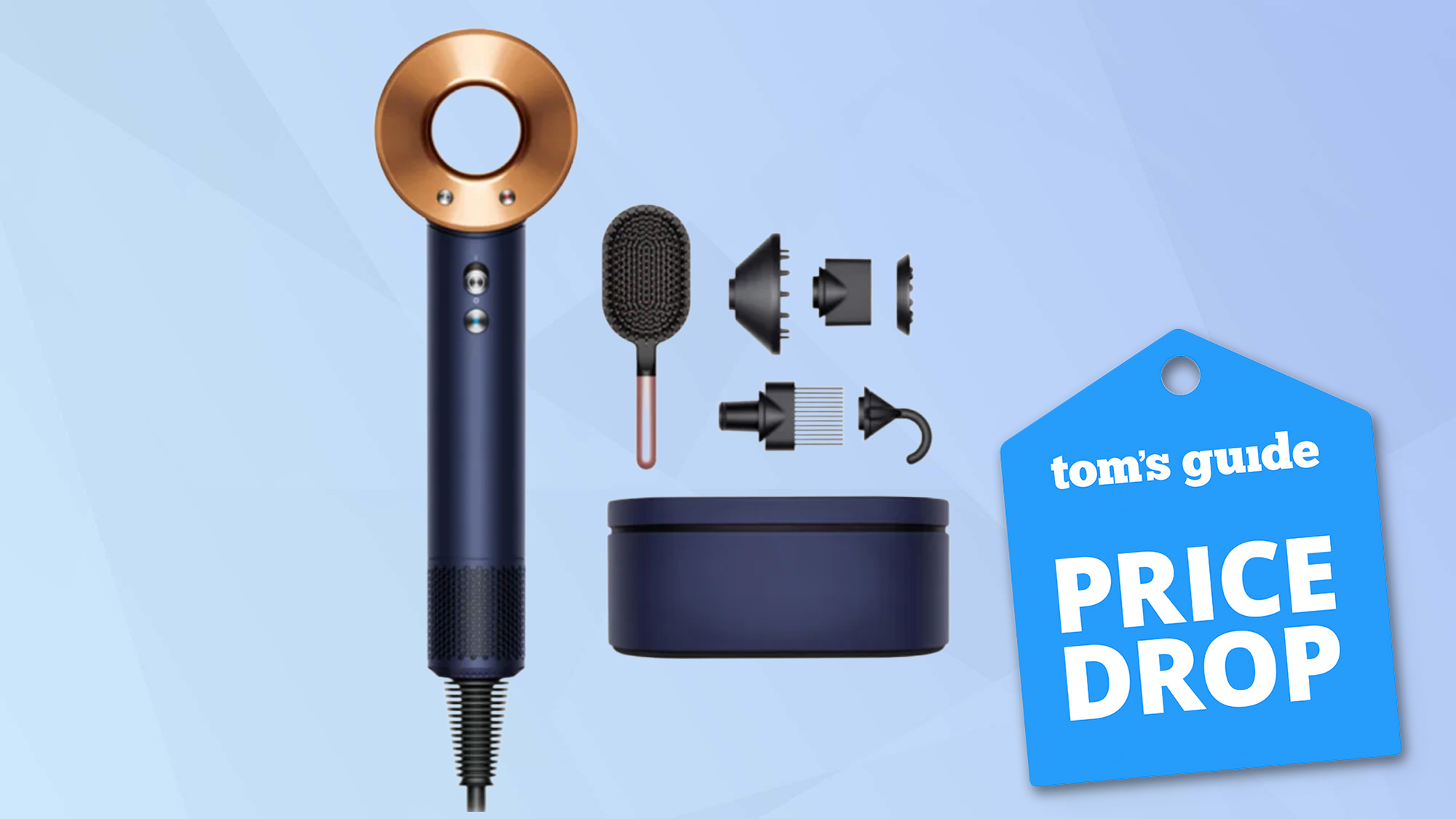 Dyson Supersonic Hairdryer in Prussian Blue colour option with 'price drop' deal badge overlaid