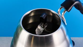 hario v60 buono gooseneck kettle, a stainless steel kettle with electric base, handle, and gooseneck spout, for specialty coffee