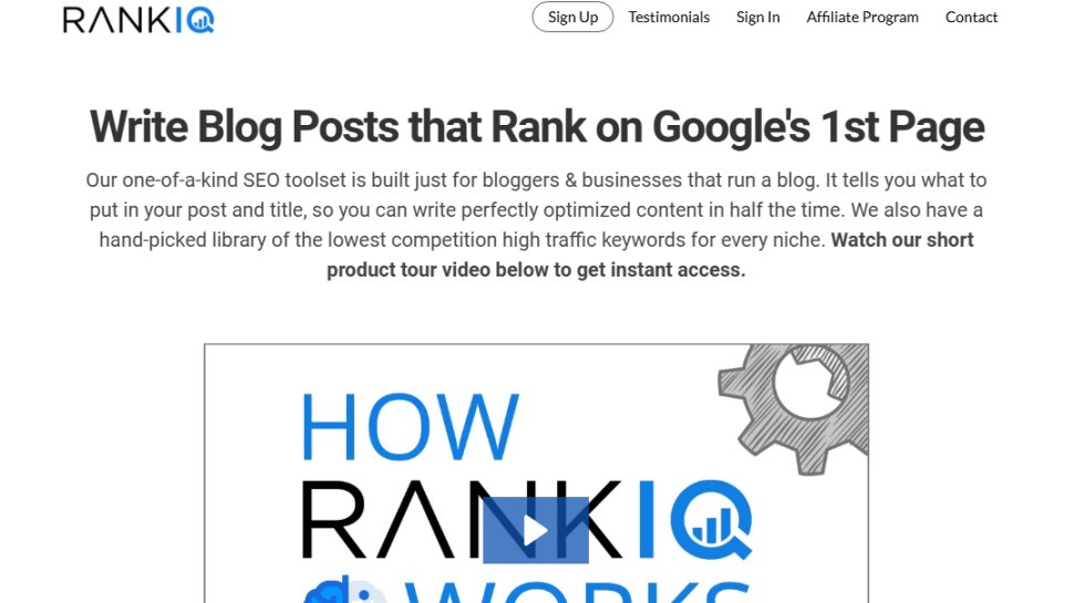 Website screenshot of RankIQ (July, 2025)