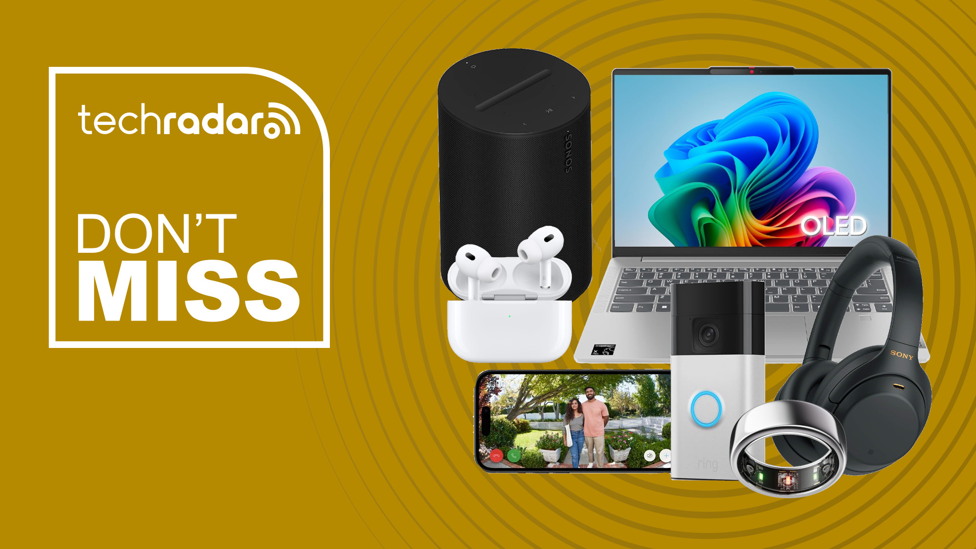Collage of tech in the Amazon UK bank holiday weekend sale, including a Lenovo laptop, Sony headphones, ring doorbell, sonos speaker and Apple AirPods