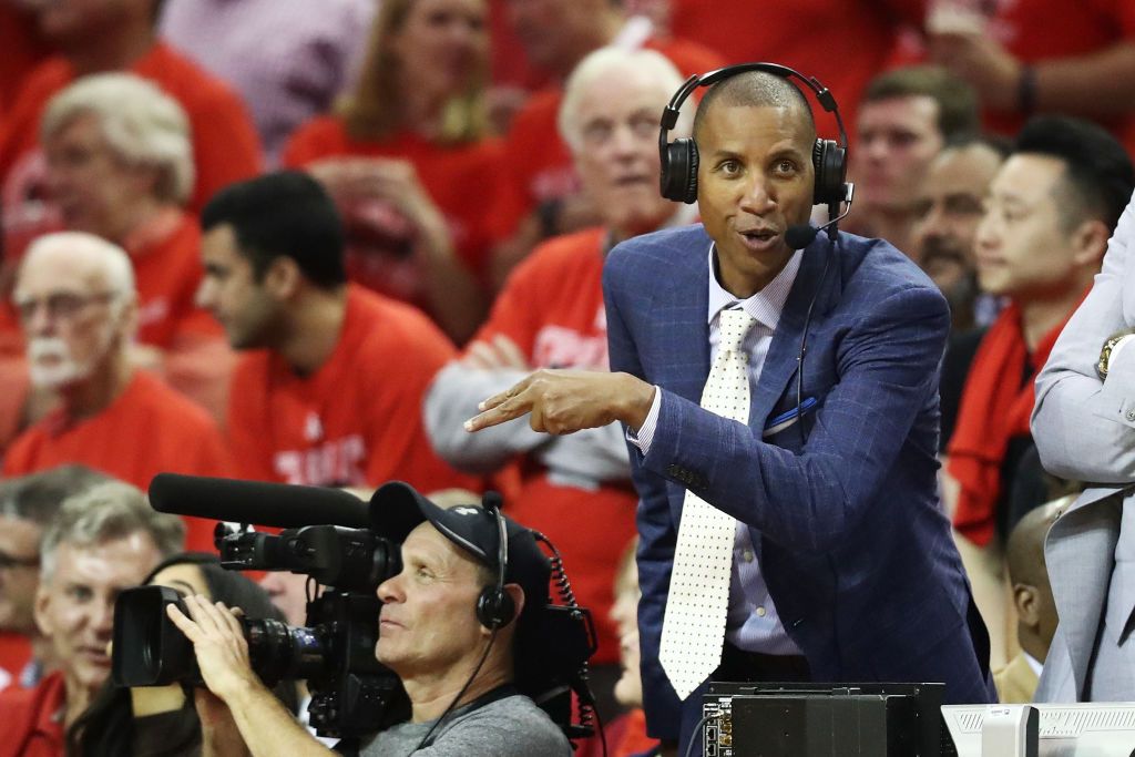 Reggie Miller gives his take during game seven of the Western Conference Finals of the 2018 NBA Playoffs between the Houston Rockets and the Golden State Warriors