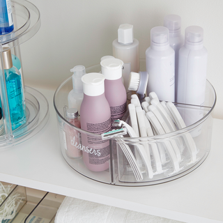 bathroom products in a plastic lazy susan