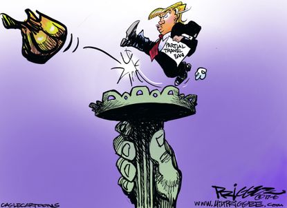 Political cartoon U.S. Trump Supreme Court travel ban Statue of Liberty