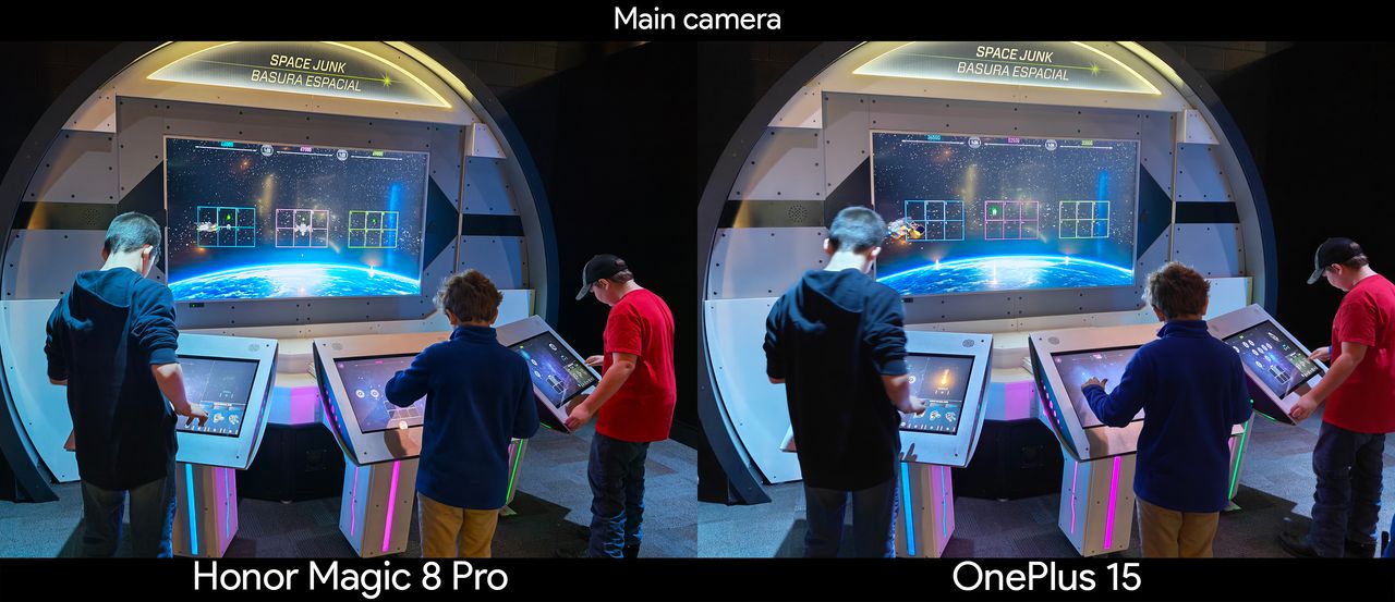 Comparing main camera samples between the Honor Magic 8 Pro and OnePlus 15 in low light