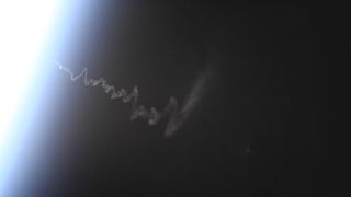 Thursday, April 4, 2019: When Russia launched the Progress 72 cargo spacecraft to the International Space Station this morning, the Expedition 59 crew could see the Soyuz rocket's plume from about 250 miles (400 kilometers) above the Earth. Canadian Space Agency astronaut David Saint-Jacques, one of the six crewmembers currently at the station, tweeted this photo as the Progress cargo ship began its 3-hour trip to the orbiting lab. "Fresh supplies coming our way!" he said.