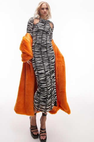 Topshop Zebra Ruched Cutout Long Sleeve Mesh Midi Dress
